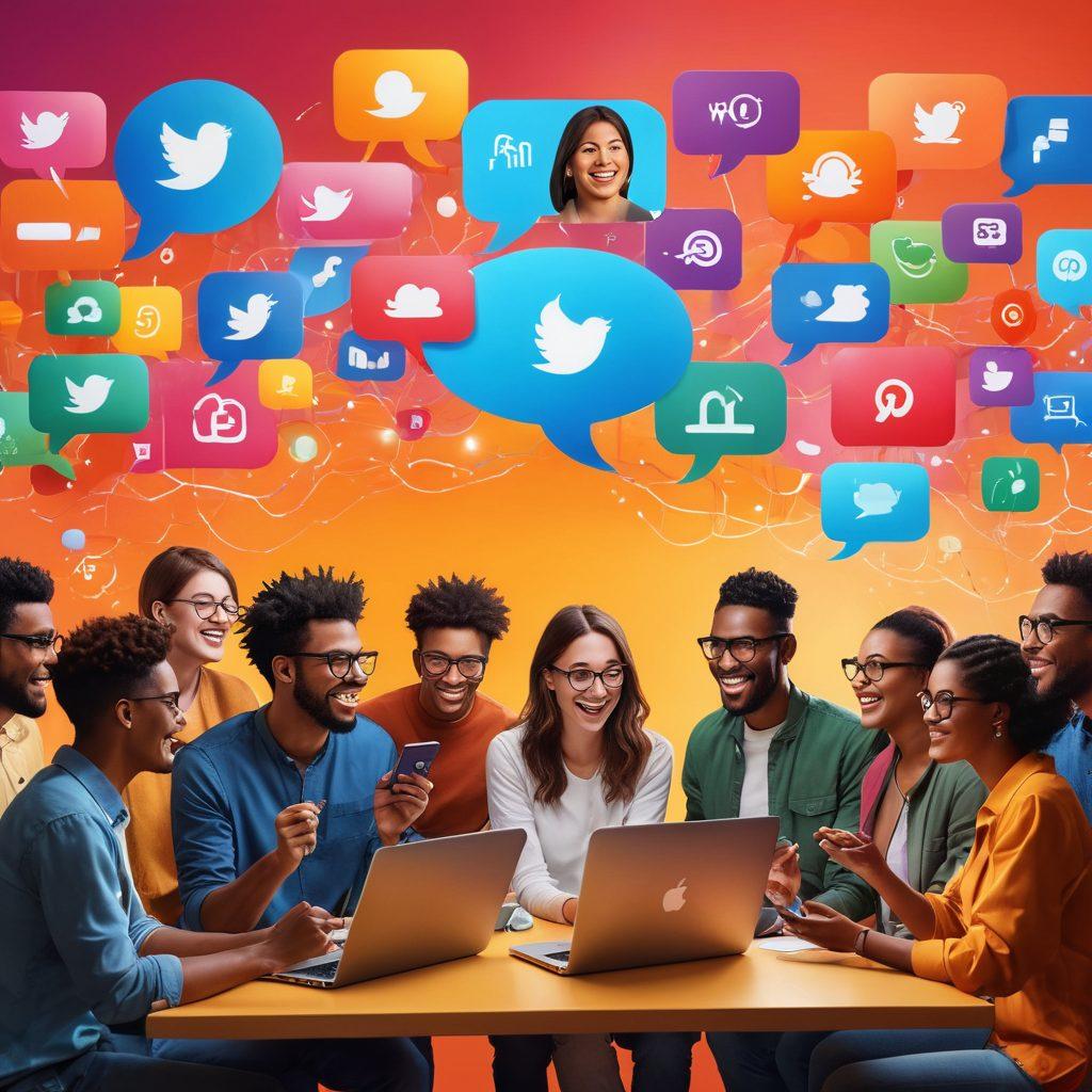 A diverse group of people from various backgrounds engaging joyfully in a digital networking event, surrounded by vibrant digital screens displaying social media icons and connection symbols. Include elements of technology like laptops and smartphones, with colorful speech bubbles illustrating conversations. The setting is bright and inviting, conveying a sense of community and happiness. super-realistic. vibrant colors. digital art.