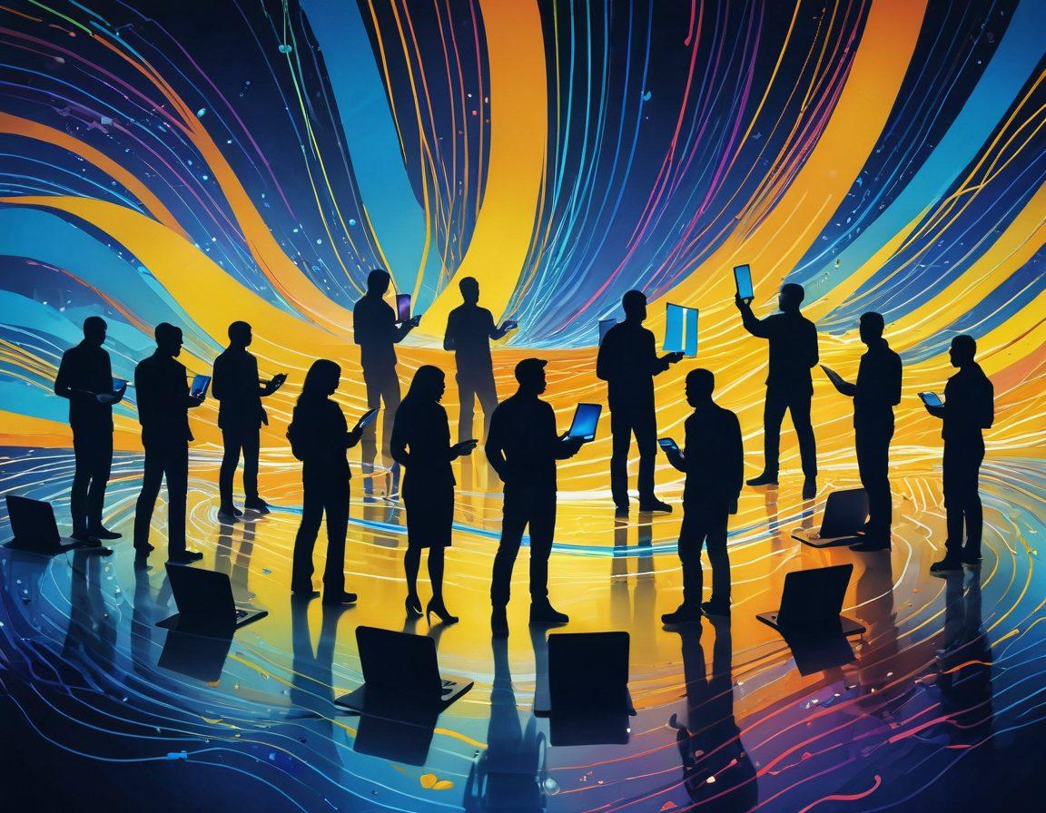 An abstract representation of interconnected human figures surrounded by vibrant digital lines and colorful waves symbolizing communication and networking. Glowing devices like smartphones and laptops are scattered around, emitting light to represent joy and connectivity. The background features a harmonious blend of blues and yellows to evoke a sense of happiness and connection. super-realistic. vibrant colors. high-tech theme.