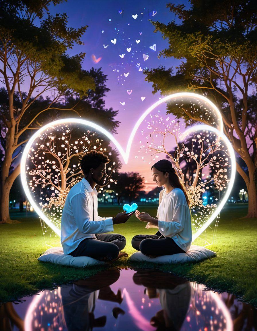 An ethereal scene depicting two diverse individuals engaging in a joyful conversation through their holographic devices, surrounded by soft glowing lights symbolizing technology enhancing communication. Floating icons of hearts, chat bubbles, and digital connections weave around them, representing positivity and interaction. The background features a tranquil park setting, infused with vibrant greenery and a gentle sunset glow, signifying peace and connection. super-realistic. vibrant colors. serene ambiance.